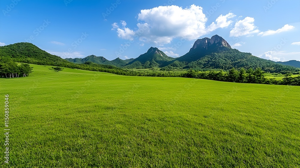 Fototapeta premium Lush Green Landscape with Rocky Mountains Under Blue Sky