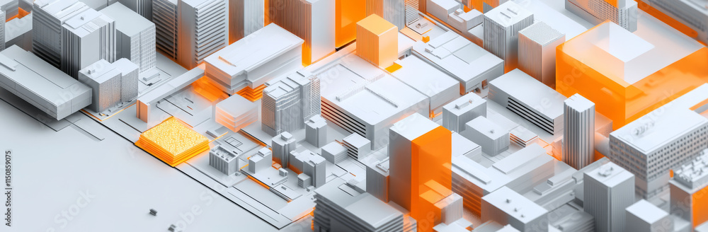 Futuristic city illustration. Minimal 3D style cityscape with orange futuristic lights Futuristic city illustration. Minimal 3D style cityscape with orange futuristic lights