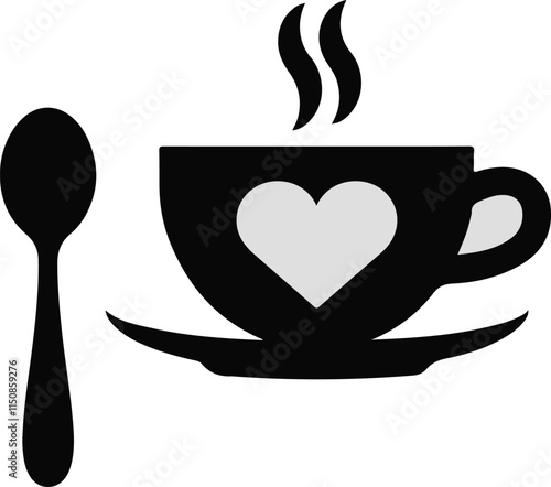 Cup of hot coffee and a spoon flat style vector illustration, cup of coffee with heart