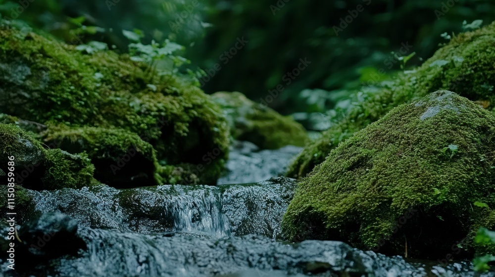 Tranquil Stream Flowing Through Lush Green Moss-Covered Rocks in a Serene Forest Setting with Dappled Light Filtering Through the Trees Tranquil Stream Flowing Through Lush Green Moss-Covered Rocks in a Serene Forest Setting with Dappled Light Filtering Through the Trees
