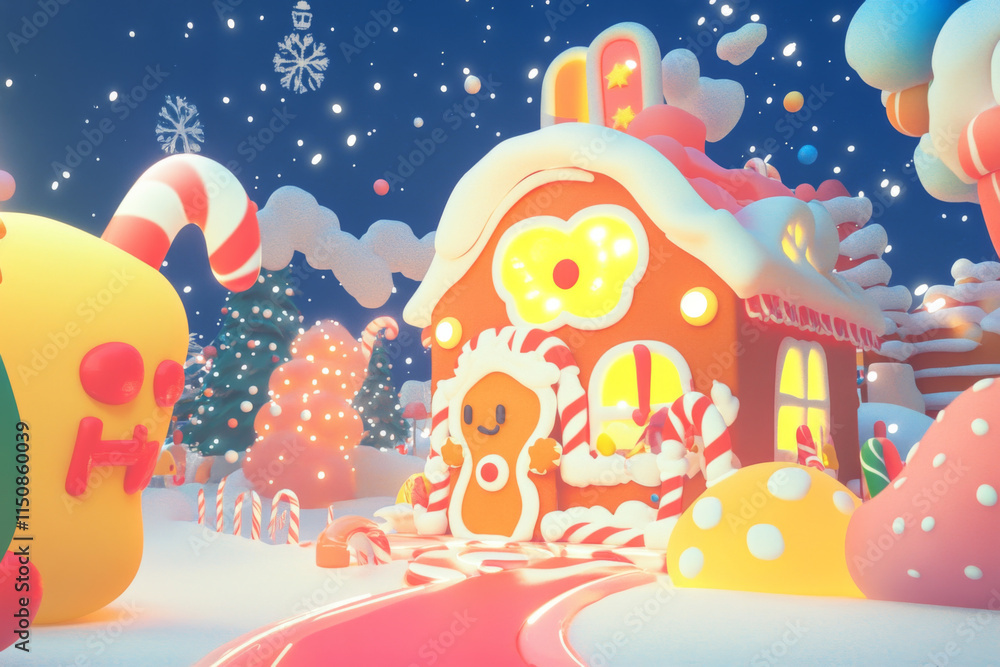 whimsical gingerbread house surrounded by colorful candy and snowflakes, creating magical winter scene. vibrant colors and playful design evoke sense of joy and wonder whimsical gingerbread house surrounded by colorful candy and snowflakes, creating magical winter scene. vibrant colors and playful design evoke sense of joy and wonder