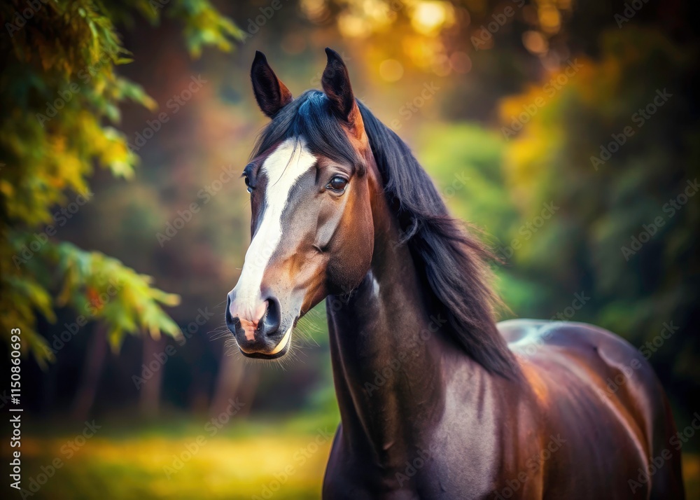 A majestic white-striped mare, captured in a dreamy tilt-shift photograph, evokes quiet beauty. A majestic white-striped mare, captured in a dreamy tilt-shift photograph, evokes quiet beauty.