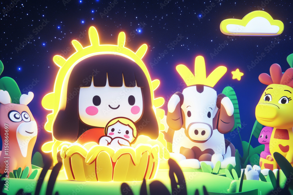 vibrant 3D render featuring joyful character holding baby, surrounded by cute animals under starry night sky. scene radiates warmth and happiness vibrant 3D render featuring joyful character holding baby, surrounded by cute animals under starry night sky. scene radiates warmth and happiness