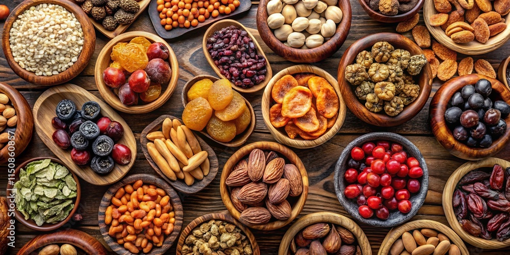 A Bountiful Collection of Dried Fruits, Nuts, and Seeds in Rustic Wooden Bowls A Bountiful Collection of Dried Fruits, Nuts, and Seeds in Rustic Wooden Bowls