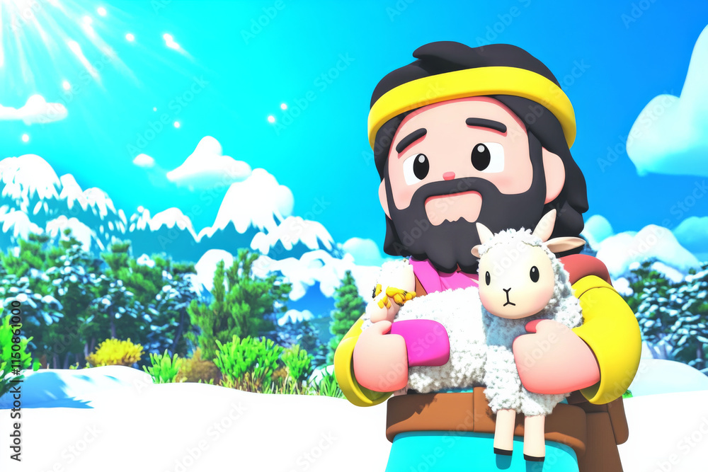 Fototapeta premium colorful 3D render of man holding lamb in snowy landscape, surrounded by trees and mountains. scene conveys warmth and care in vibrant, playful style