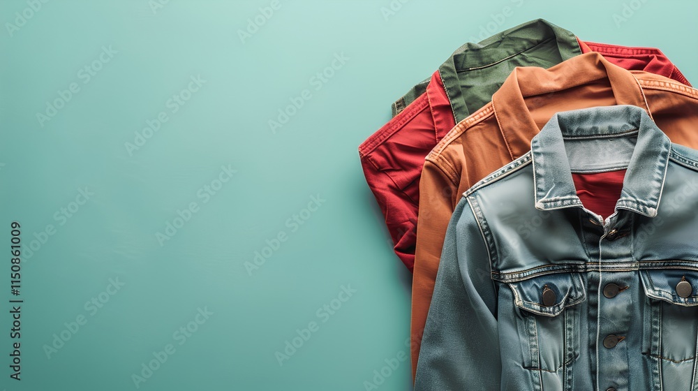 Colorful Denim Jackets Layered on a Turquoise Background Colorful Denim Jackets Layered on a Turquoise Background