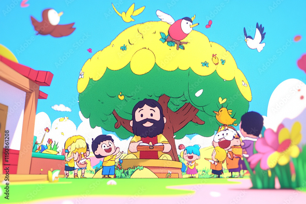 cheerful, colorful scene featuring joyful group of children playing under large tree with birds. vibrant atmosphere captures sense of happiness and community cheerful, colorful scene featuring joyful group of children playing under large tree with birds. vibrant atmosphere captures sense of happiness and community