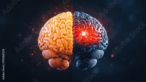 Stroke disease idea. A creative representation of a brain, showcasing contrasting thoughts and emotions.