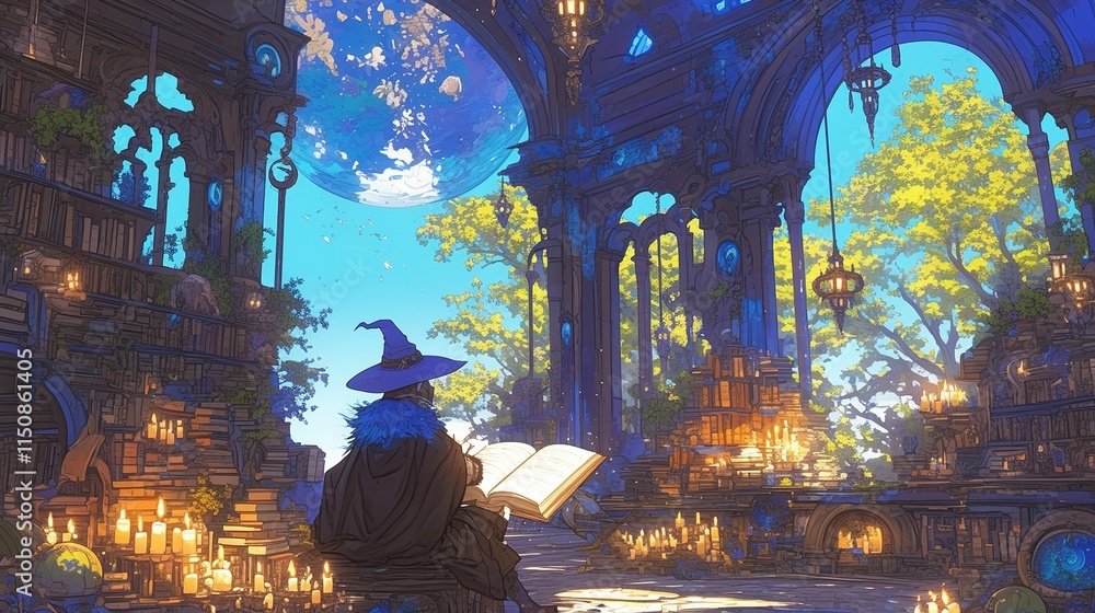 Fototapeta premium Wizard reading ancient book in mystical library with planet view.