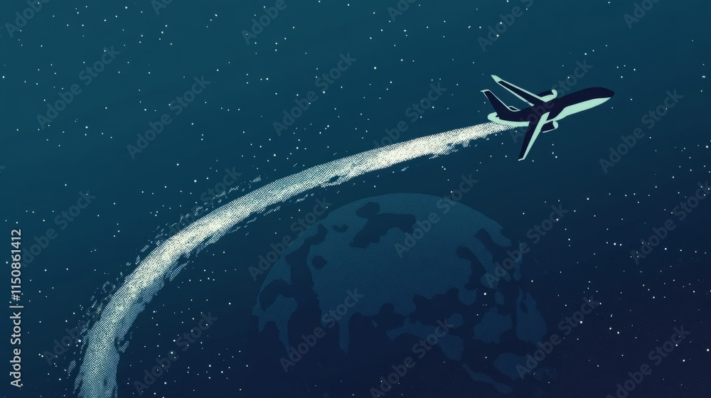Airplane soaring through a starry night, leaving a bright trail above the Earth. Airplane soaring through a starry night, leaving a bright trail above the Earth.