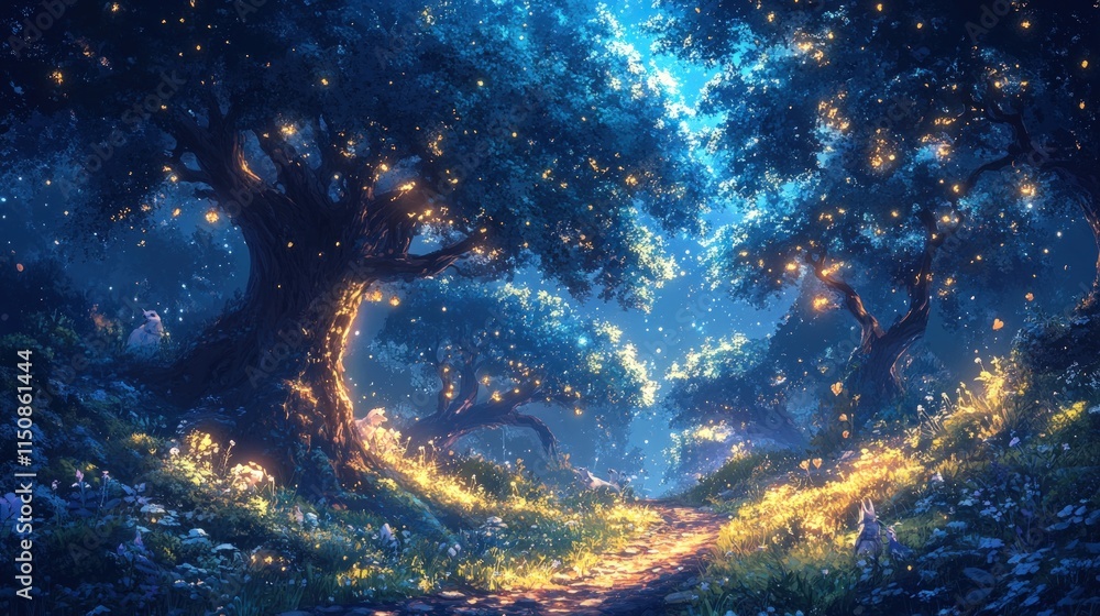 Obraz premium Magical forest path, glowing trees, enchanting night.
