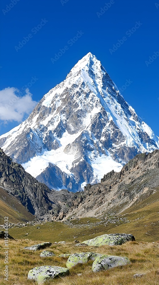 Obraz premium Majestic Snow-Capped Mountain Peak Under Clear Blue Sky