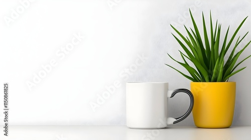 Wallpaper Mural Minimalist White Background with Mug and Potted Green Plant Torontodigital.ca