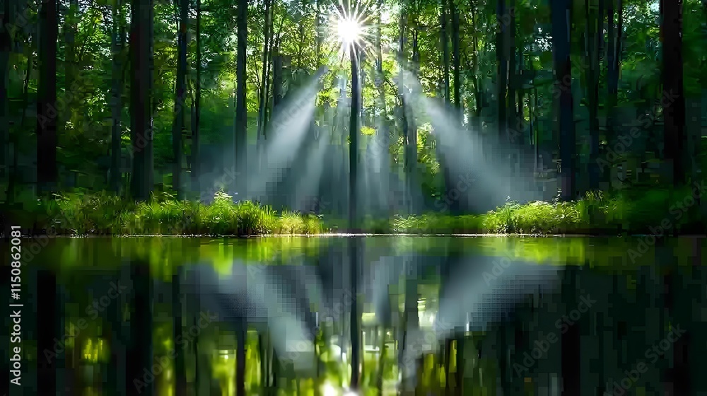Fototapeta premium Serene Sunlight Filtering Through Trees Over Calm Forest Lake