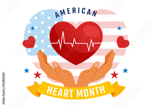 February is American Heart Month Vector Illustration Featuring a USA Flag and Red Heart Symbol for Health Awareness in a Flat Style Cartoon Background