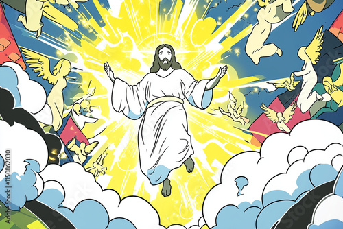 epic 3D render of Jesus surrounded by angels, radiating light and energy, symbolizing divine presence and spiritual awakening in vibrant celestial scene photo