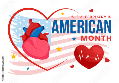 February is American Heart Month Vector Illustration Featuring a USA Flag and Red Heart Symbol for Health Awareness in a Flat Style Cartoon Background