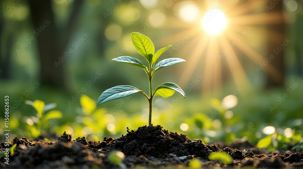 Fresh Green Plant Sprouting in Soil with Sunlight and Nature Background Fresh Green Plant Sprouting in Soil with Sunlight and Nature Background