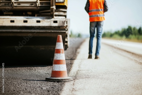 Road construction with paving machine and traffic cone on asphalt near an urban area photo