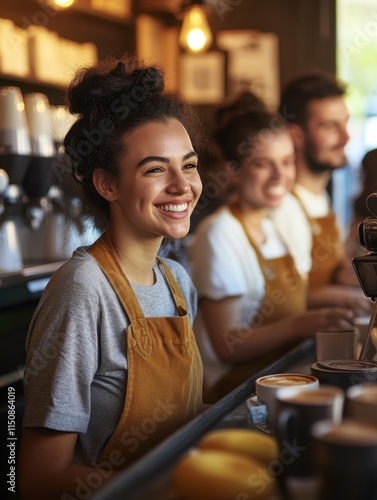 A group of cheerful baristas at a coffee shop