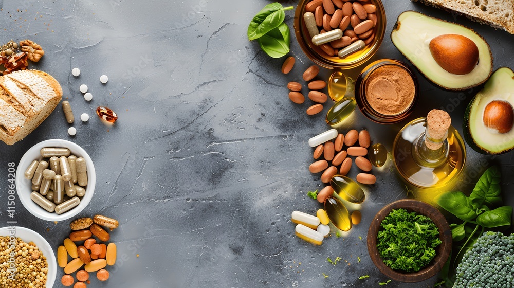 Healthy Ingredients and Supplements on Gray Background Flat Lay Healthy Ingredients and Supplements on Gray Background Flat Lay