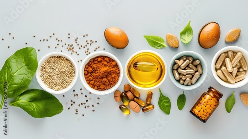 Healthy Dietary Supplements and Natural Ingredients on Table