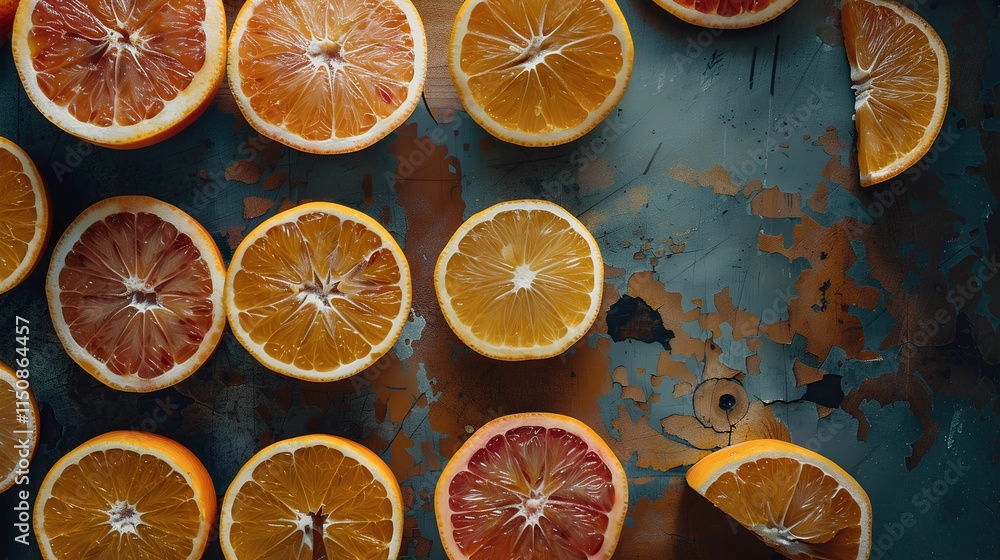 Vibrant Orange and Red Citrus Fruit Halves on Rustic Background Vibrant Orange and Red Citrus Fruit Halves on Rustic Background