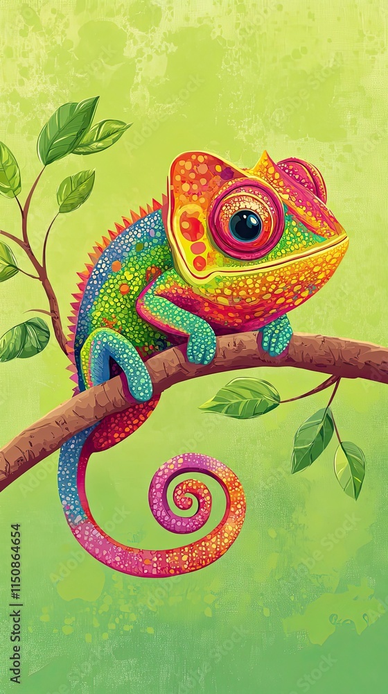 A Vibrant Chameleon Perched On A Branch Among Green Leaves A Vibrant Chameleon Perched On A Branch Among Green Leaves