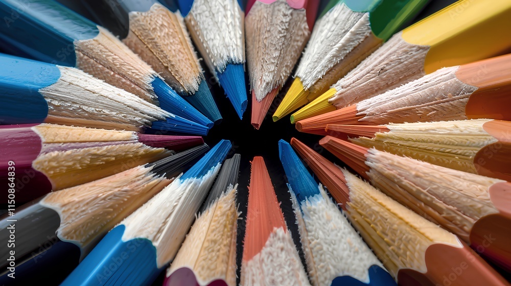 Vibrant Circular Arrangement of Colorful Pencils on Black Background Vibrant Circular Arrangement of Colorful Pencils on Black Background