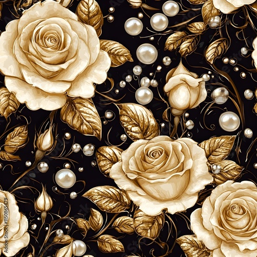 Elegant Vintage Rose Pattern with Pearls and Dark Background
