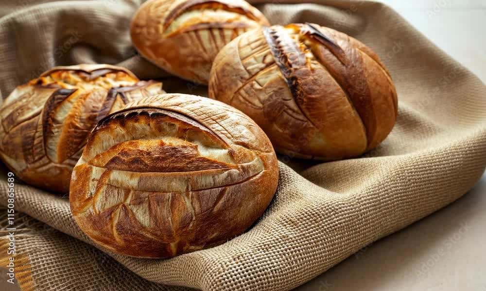 Freshly baked crusty round loaves of bread on cloth