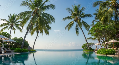 coconut trees and infinity swimming pool at a luxurious tropical beachfront hotel resort