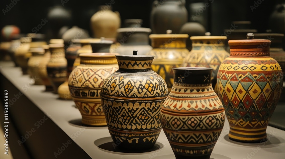 Collection of Colorful Traditional Vases Displayed in Museum Showcase Collection of Colorful Traditional Vases Displayed in Museum Showcase