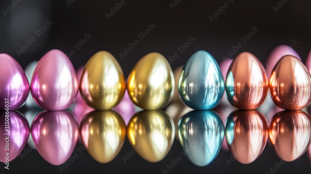 Colorful Easter Eggs in a Row Reflecting on a Dark Surface Colorful Easter Eggs in a Row Reflecting on a Dark Surface