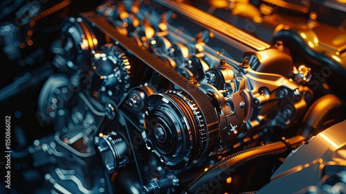 Close-up of a meticulously detailed serpentine belt and engine components.