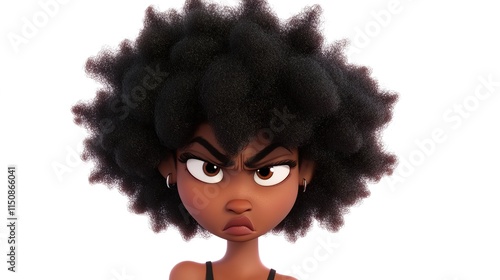 Feisty Black Girl Character with Big Hair and Curves, Pulling One Ear as a Warning Sign, Expressing Attitude and Confidence in 3D Cartoon Style on White Background