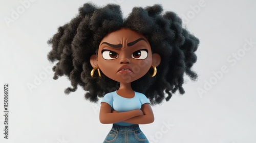Feisty Black Girl Character with Big Hair and Curves, Pulling One Ear as a Warning Sign, Expressing Attitude and Confidence in 3D Cartoon Style on White Background