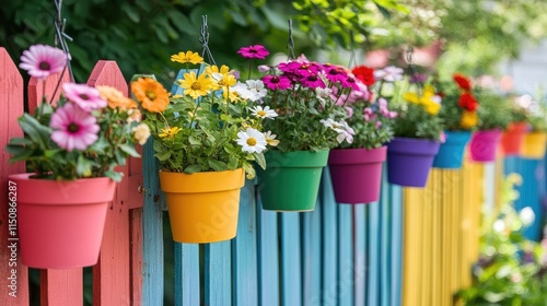 Colorful Flower Pots Displayed on a Bright Wooden Fence