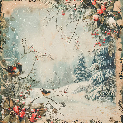Vintage winter wonderland featuring birds and holiday decorations in a snowy landscape