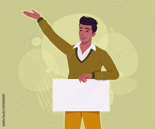 Handsome dark skin businessman empty banner pose adv show. Guy in sweater modern casual look, authentic pakistani indian male model. Vector flat style cartoon illustration, creative background color
