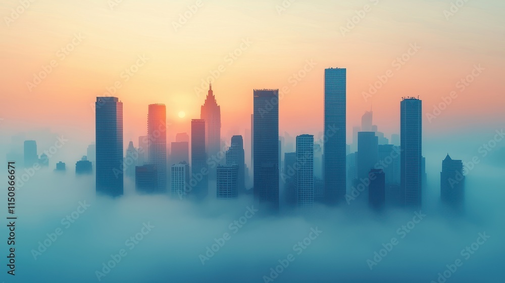 A stunning skyline emerges from fog, illuminated by a vibrant sunrise, showcasing a blend of modern architecture and serene atmosphere. A stunning skyline emerges from fog, illuminated by a vibrant sunrise, showcasing a blend of modern architecture and serene atmosphere.