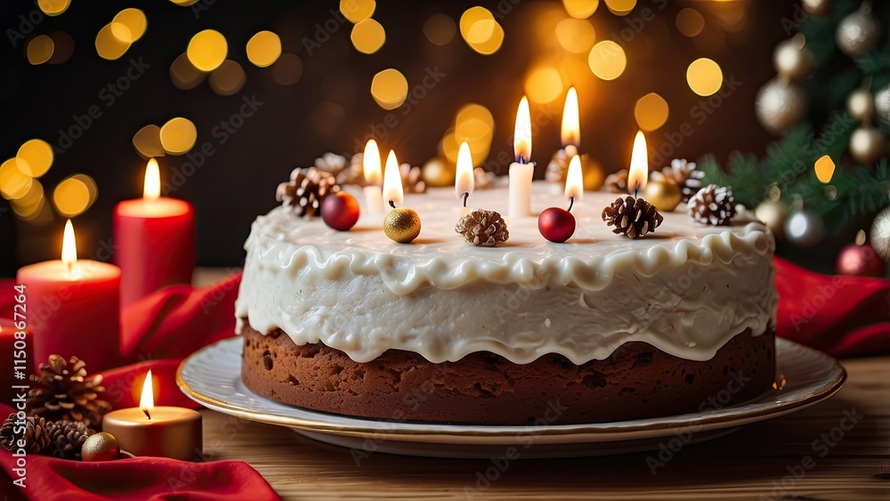 A circular, lovely Christmas cake rests on a festive table, with a Christmas tree and blazing candles in the background. A circular, lovely Christmas cake rests on a festive table, with a Christmas tree and blazing candles in the background.