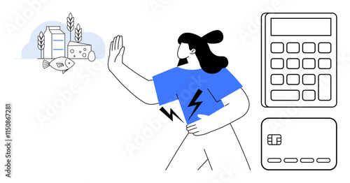 Woman rejecting unhealthy food items thumbs up milk, cheese, and fish, while holding her stomach in pain. Ideal for healthy lifestyle, diet, food choices, health management finance budgeting. Line