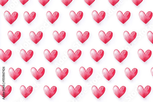 Seamless pattern of watercolor pink hearts on white background