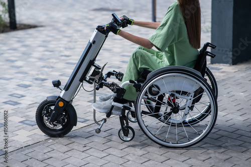 A woman controls a wheelchair using a special manual device. Close-up of female hands on electric handbike.  photo