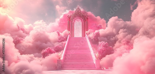 Shimmering,stairs,leading,to,a,divine,gate,surrounded,by,pink,and,clouds,,