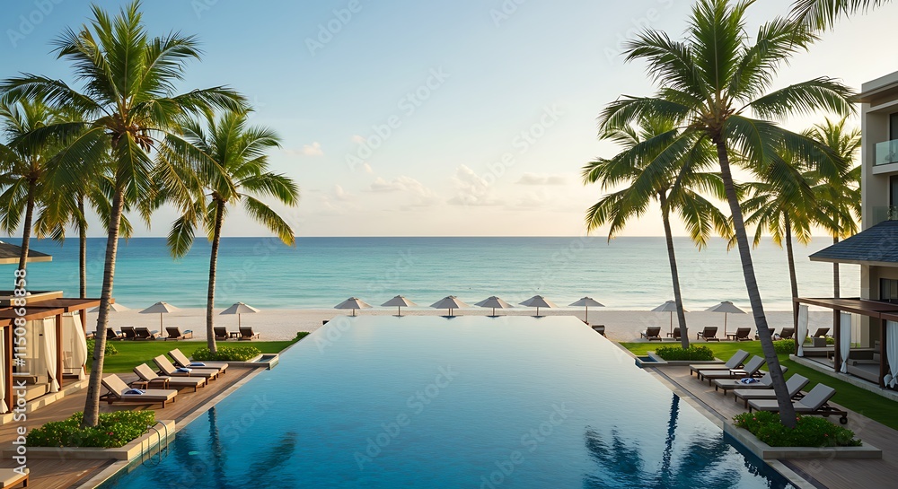 coconut trees and infinity swimming pool at a luxurious tropical beachfront hotel resort coconut trees and infinity swimming pool at a luxurious tropical beachfront hotel resort