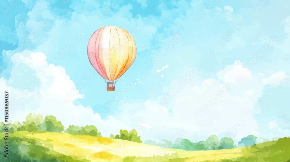 Obraz premium Pastel hot air balloon floats gently above a serene landscape. Watercolor painting.