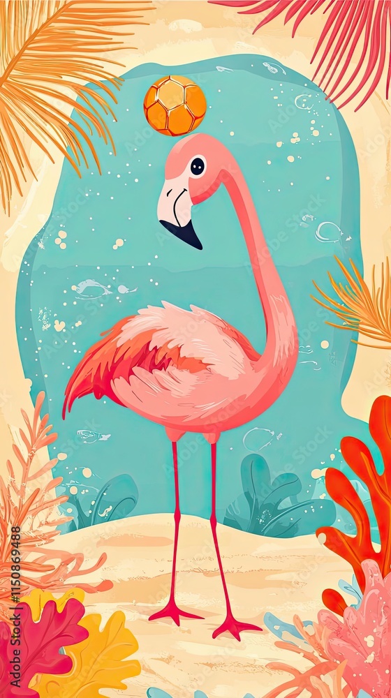 Obraz premium Flamingo Playing Soccer on Tropical Beach Scene