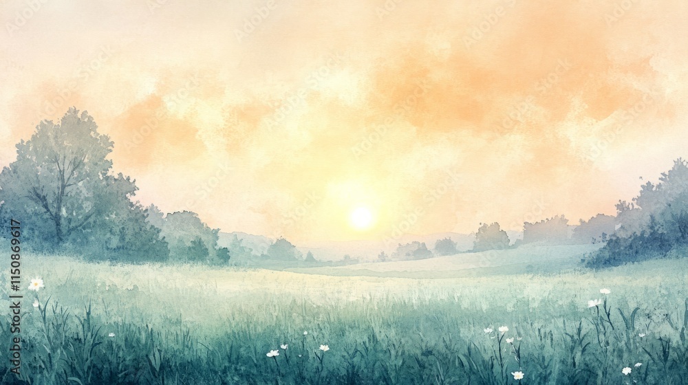 Fototapeta premium Serene sunrise over a tranquil field, painted in soft pastel hues.